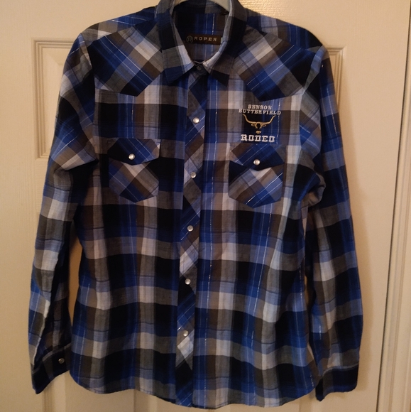 Roper Western Pearl Snap Long Sleeve Shirt Men's Large Benson Butterfield Rodeo - Picture 2 of 7